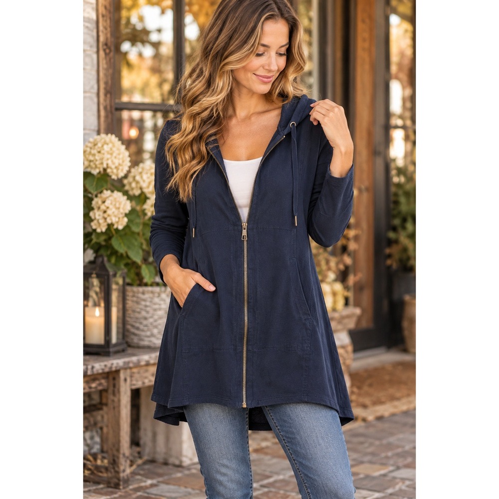 XCVI L Navy Cotton Hooded Zip Jacket Cardigan Lagenlook Boho Relaxed Tunic